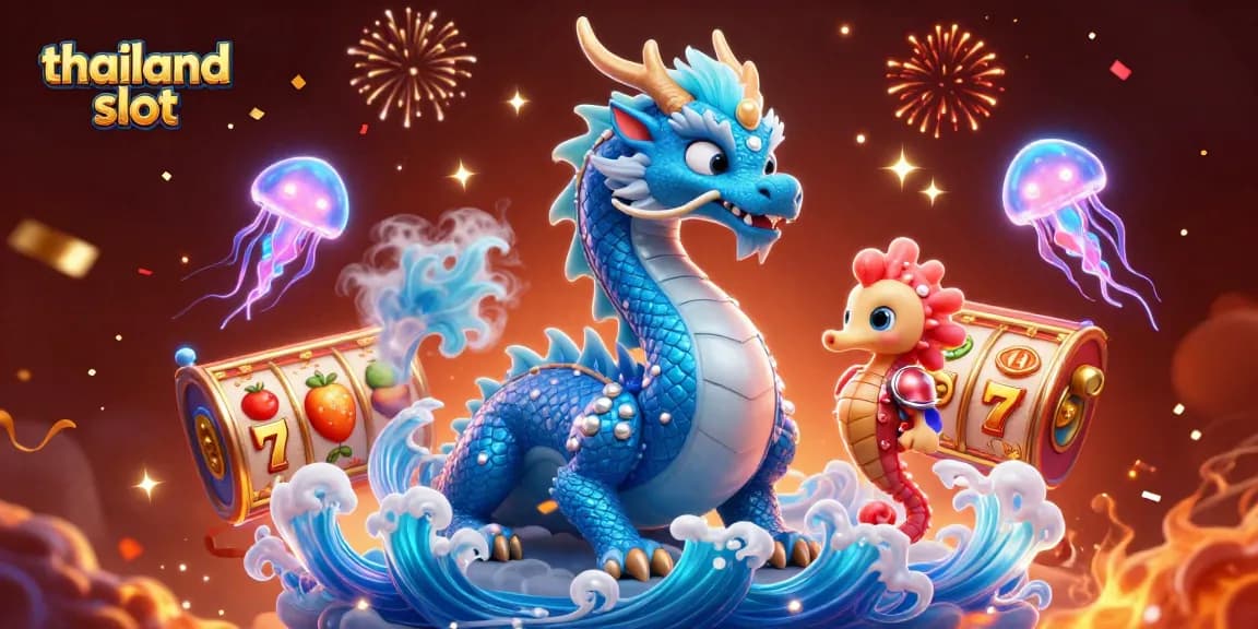 Spin the thailand slot with the azure dragon and seahorse in a vibrant casino scene