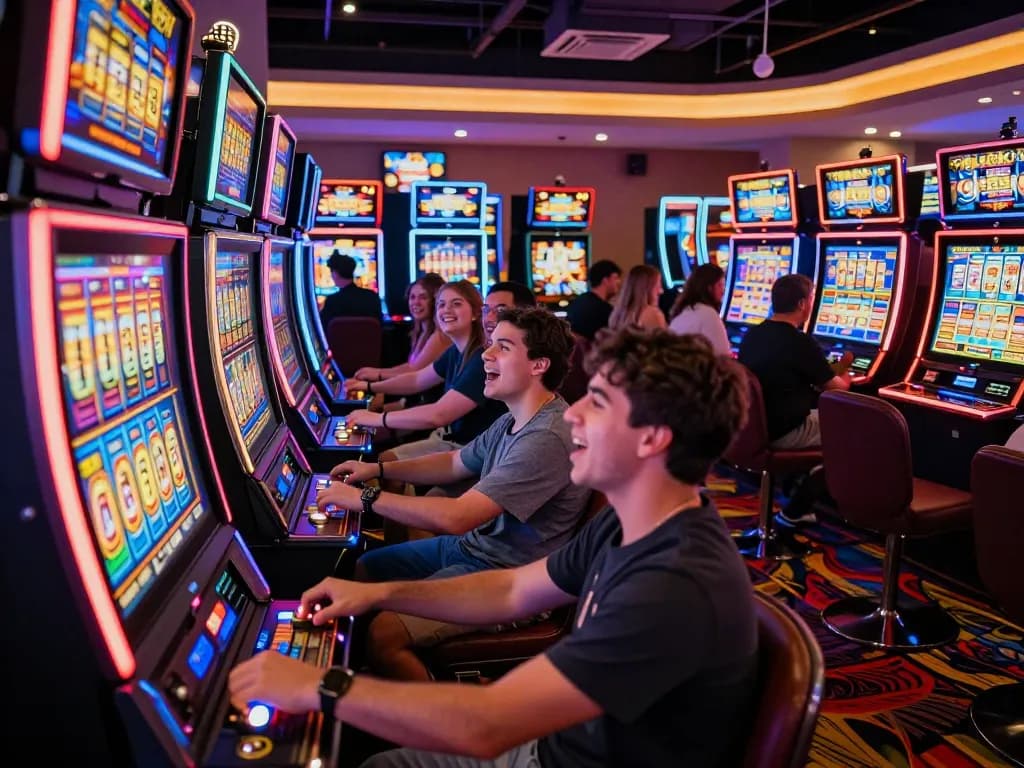 Players enjoying thrilling action at slot77 machines in a vibrant casino