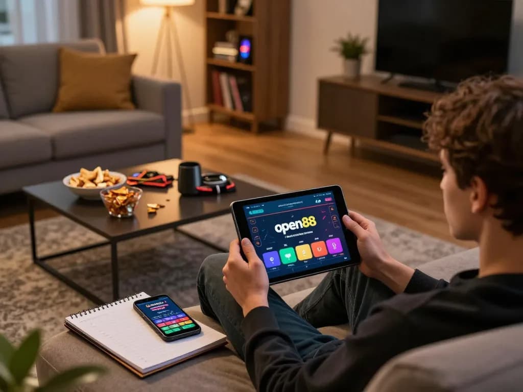Playing exciting games on open88 casino app in a cozy home setting with warm lighting.