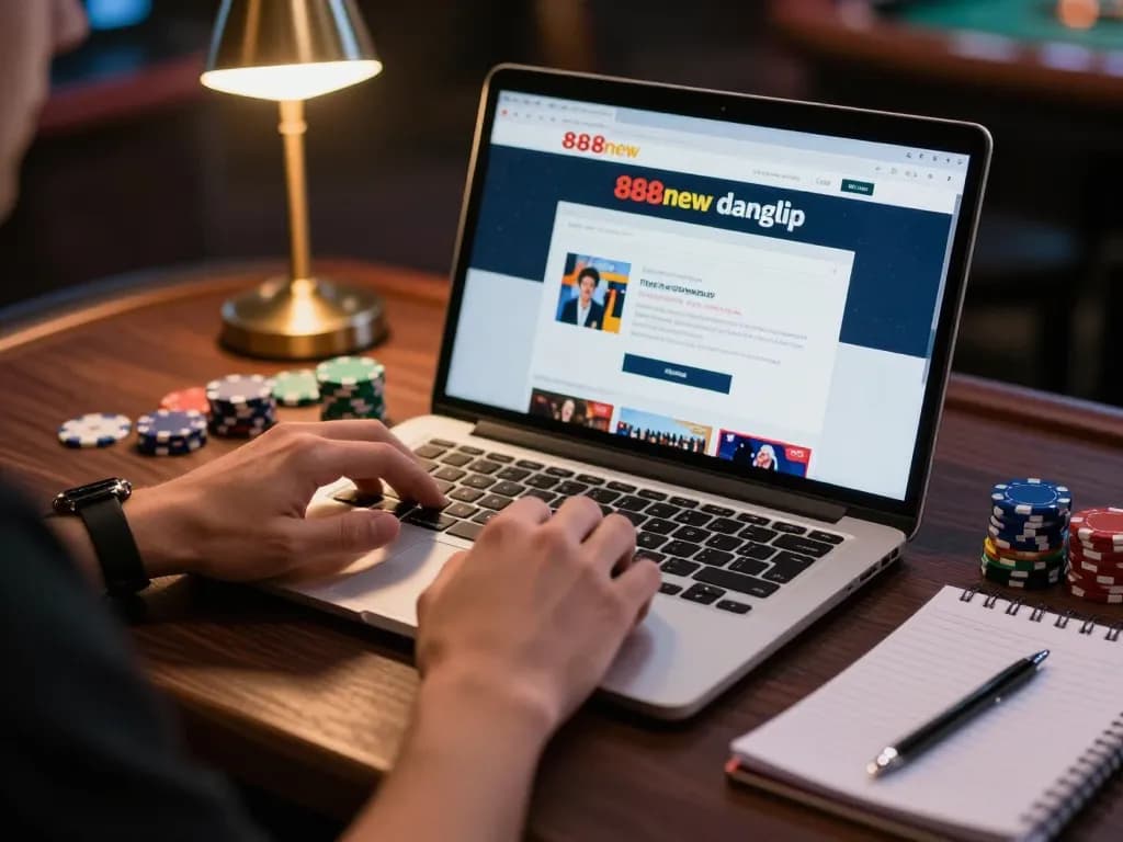 Player using a laptop with 888new đăng nhập page open, engaged in online casino gaming.