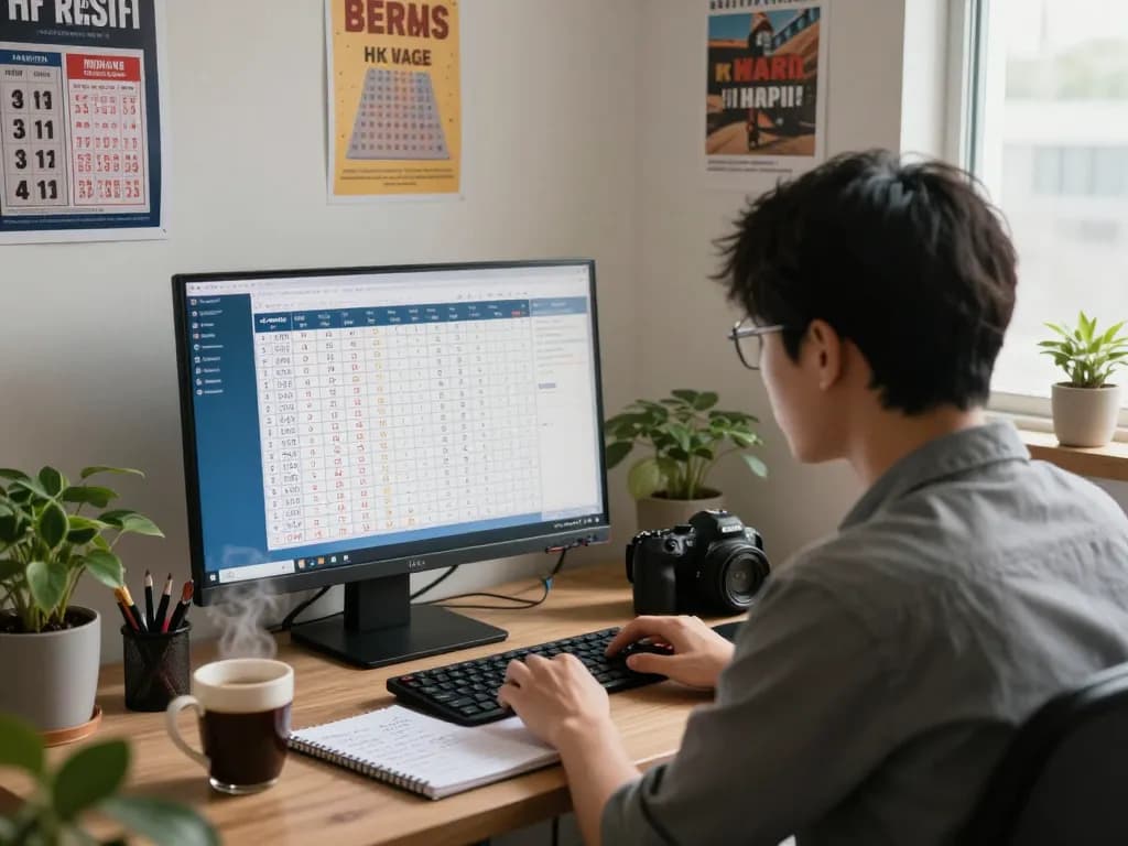 Lottery enthusiast checking HK Hari Ini results on computer in cozy home office.