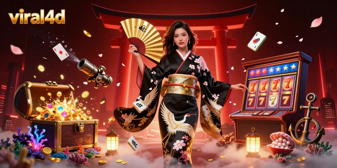 Engage with viral4d featuring a stunning Asian woman in a striking kimono playing slots amidst a vibrant casino atmosphere.