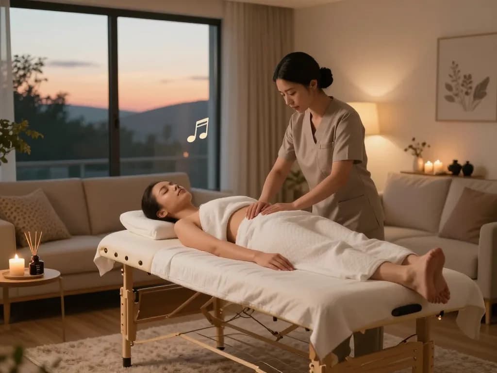 Relaxation during 출장마사지 in a cozy home setting with calming elements.