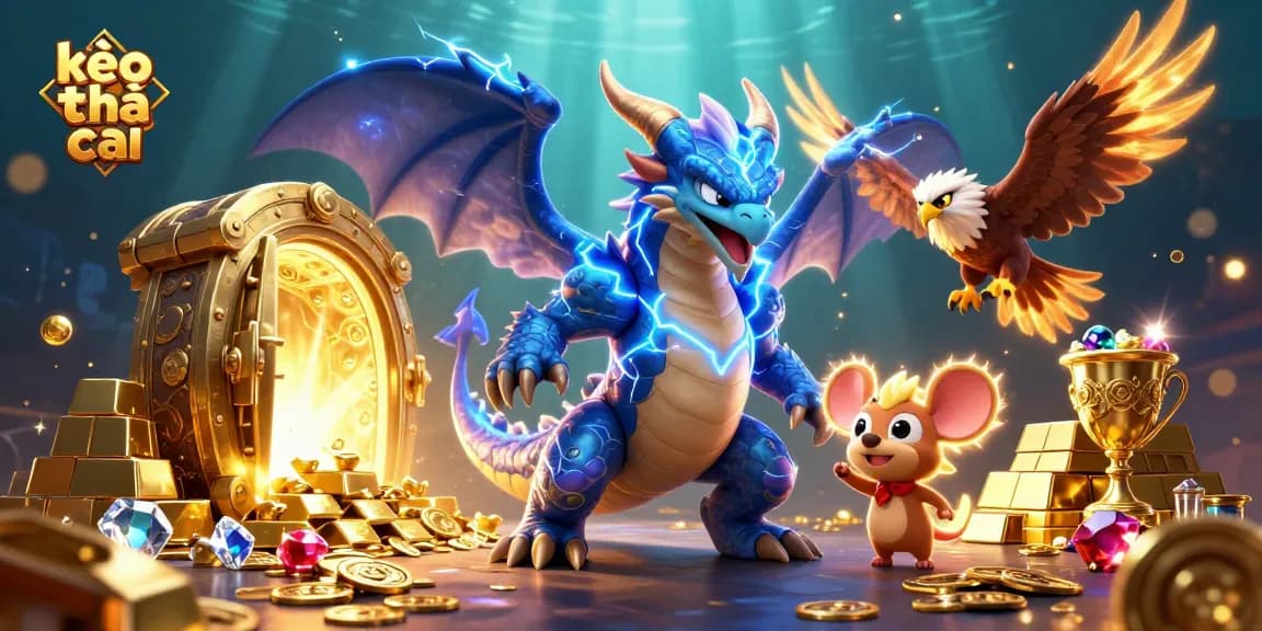 Experience kèo nhà cái excitement with our energetic 3D illustration of a thunder dragon and casino treasures.