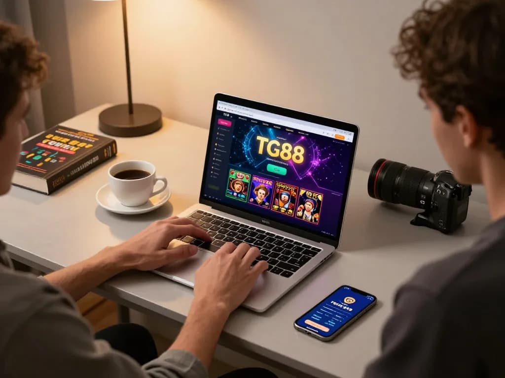 Engaged player exploring TG88 casino games on a laptop in a modern home setup.