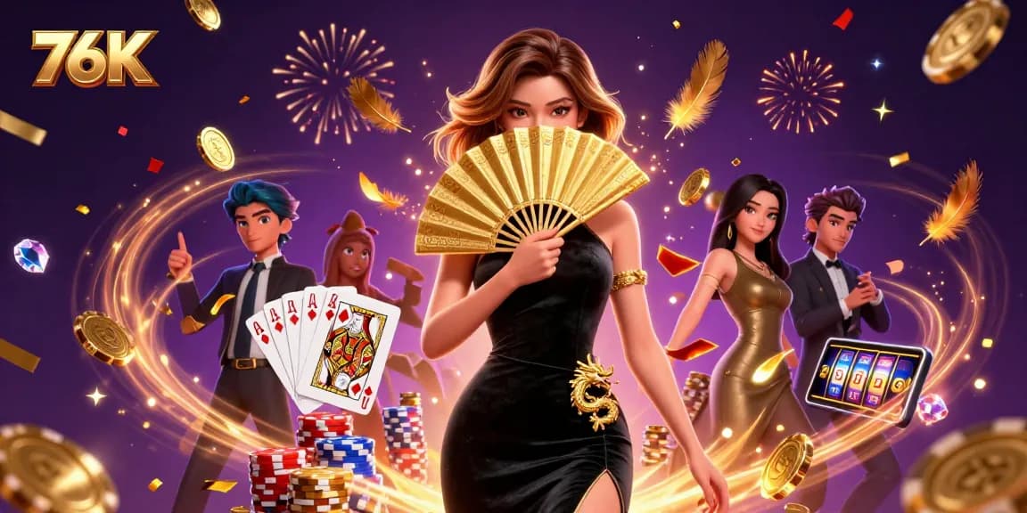 Experience the excitement of 76K casino with stunning graphics of golden coins, playing cards, and vibrant energy.