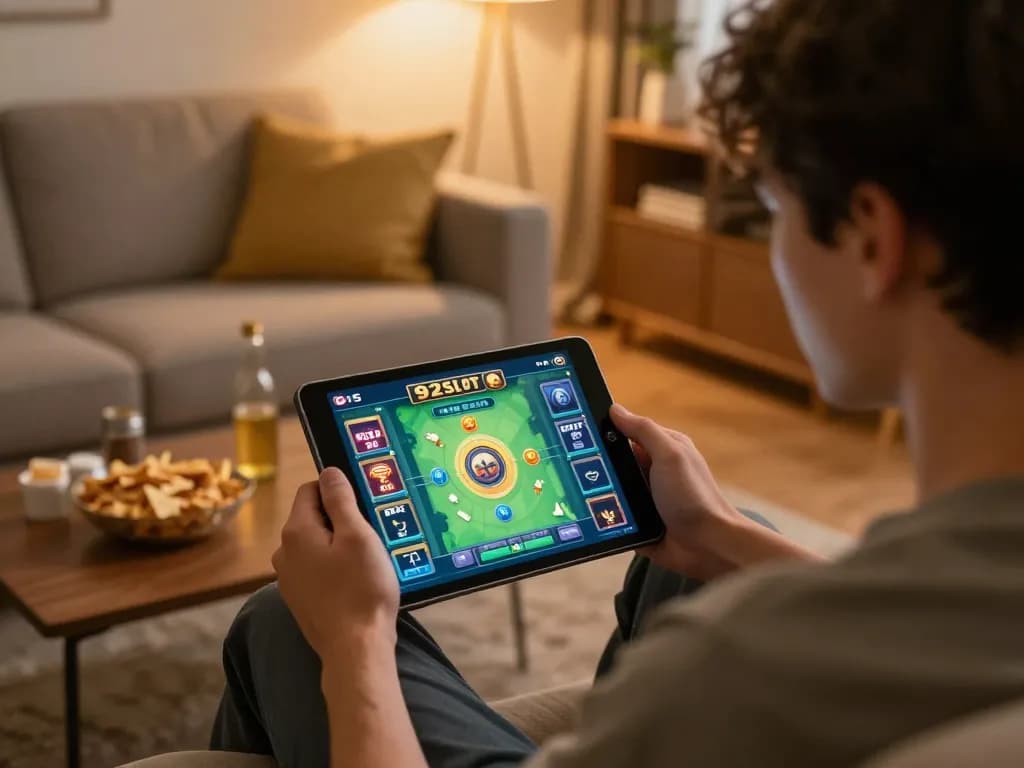 Player engaging in 92slot online gaming from their living room, focusing on strategy.