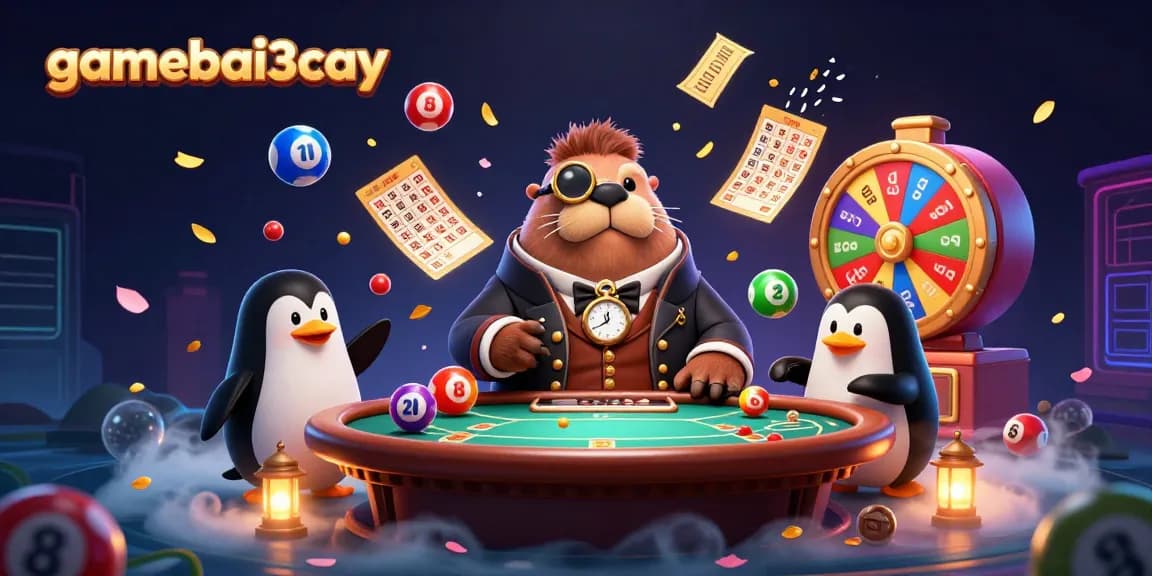 Experience the vibrant allure of gamebai3cay with playful characters surrounded by dynamic lottery elements and casino excitement.