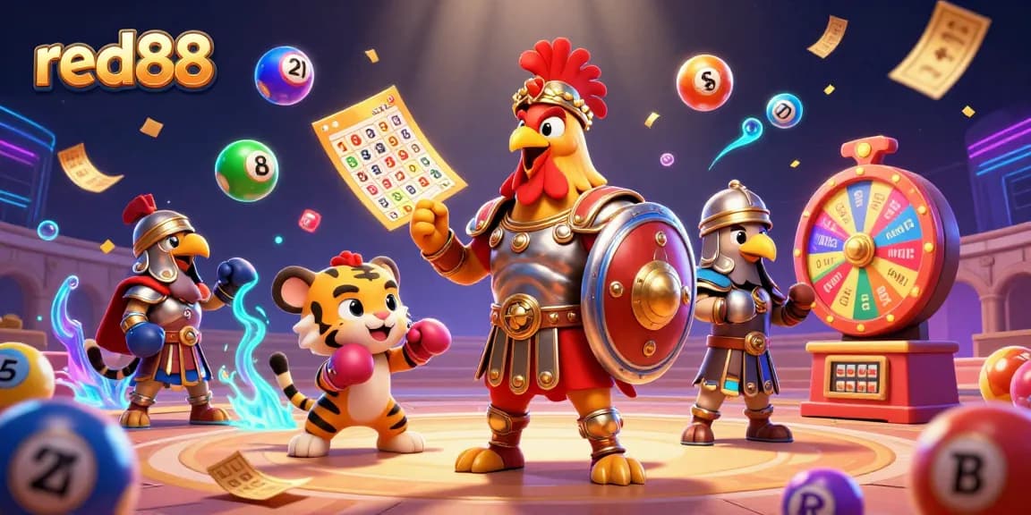 Play exciting games at red88 with an animated scene of a rooster gladiator and vibrant lottery elements.