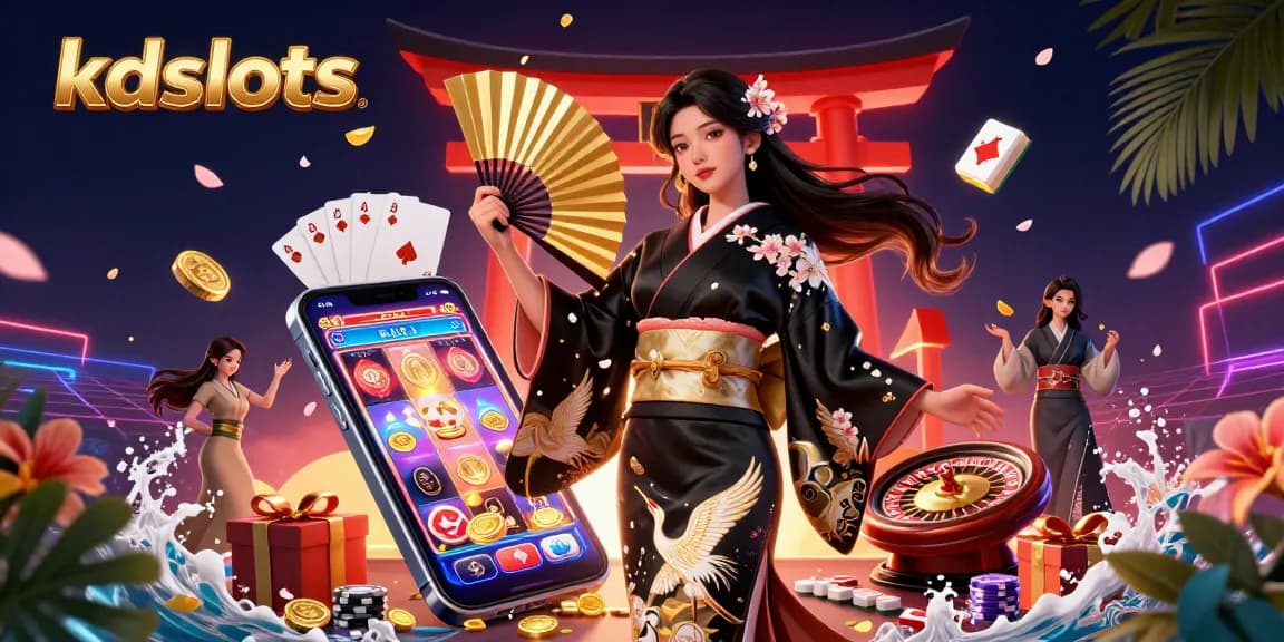 Spin and win at kdslots in a vibrant 3D casino scene featuring an elegant Asian woman with game symbols and dynamic action.