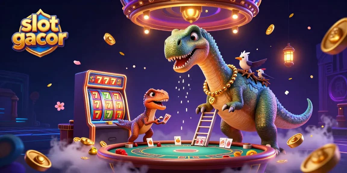 Experience slot gacor excitement as a towering brontosaurus watches a clever raptor deal cards.