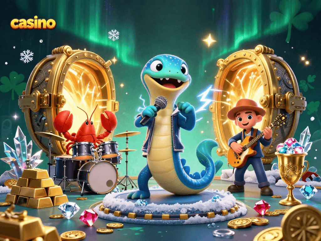 Electric eel DJ performing in a vibrant underwater casino scene, showcasing golden treasures and gems.