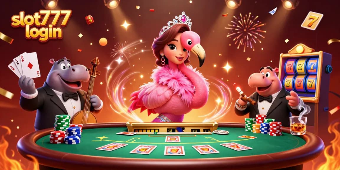 Enjoy winning spins with slot777 login in a vibrant 3D animated casino scene filled with slot reels and poker elements.