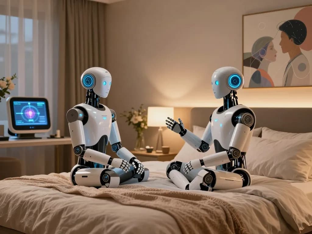 Humanoid robots in a modern bedroom exploring ai sex with interactive conversation and warm ambiance.