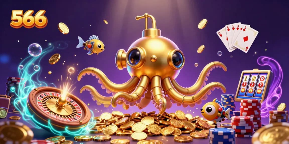 Engage with 566's exciting gameplay featuring a 3D golden kraken submarine beneath golden coins.