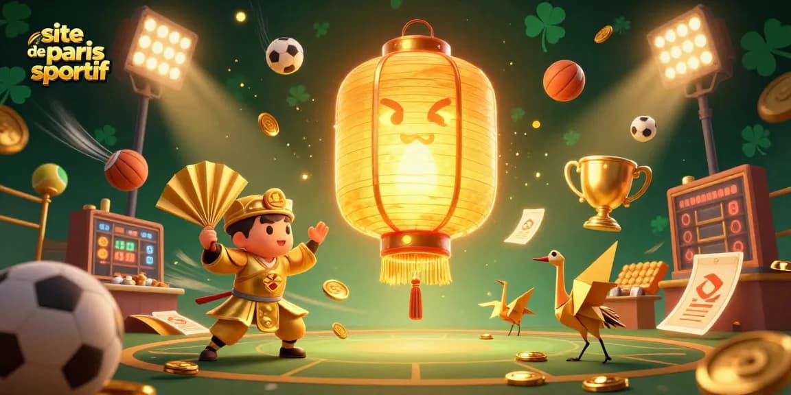 Découvrez les paris sportifs sur ce site de paris sportif avec des personnages dynamiques entourés de ballons et de trophées.