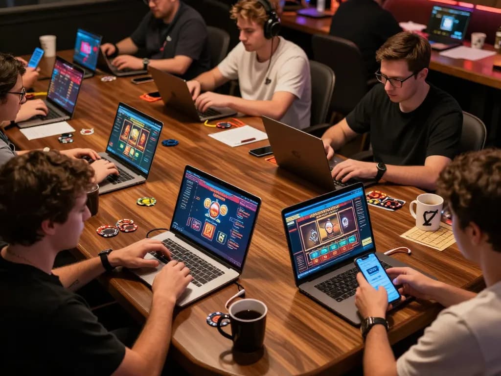 Players immersed in online gaming experiences at uu88 okwin with various devices and casino games