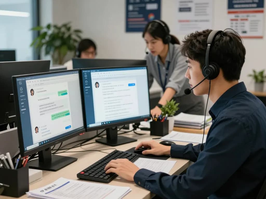 客户服务代理在现代办公室使用易翻译进行实时多语言翻译。