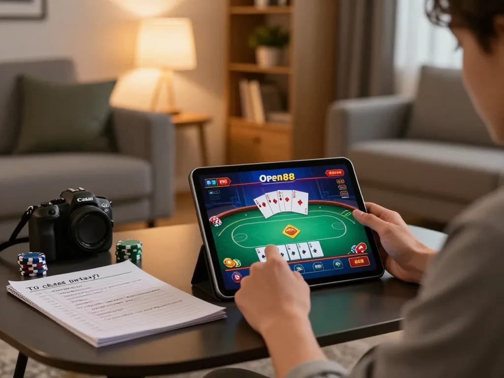 Experience online gaming with Open88, showcasing a player actively engaged in a poker game on a tablet.