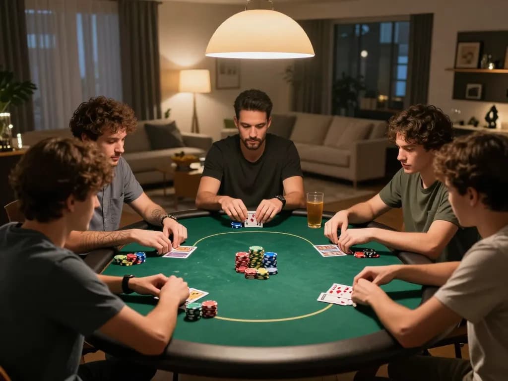 Friends enjoying poker night with 888now, showcasing strategy and social fun in a cozy setting