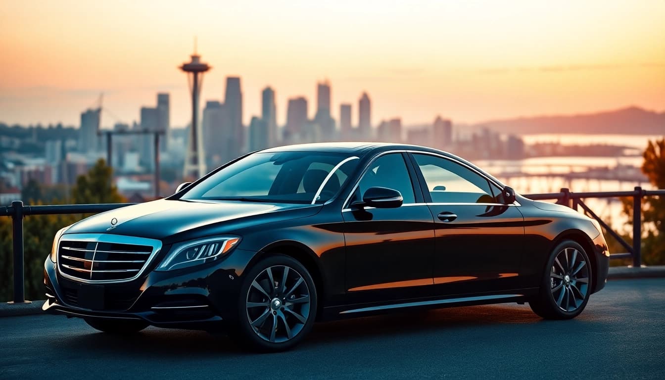 Experience a premium seattle to vancouver car service with a luxury sedan at a scenic Seattle viewpoint.