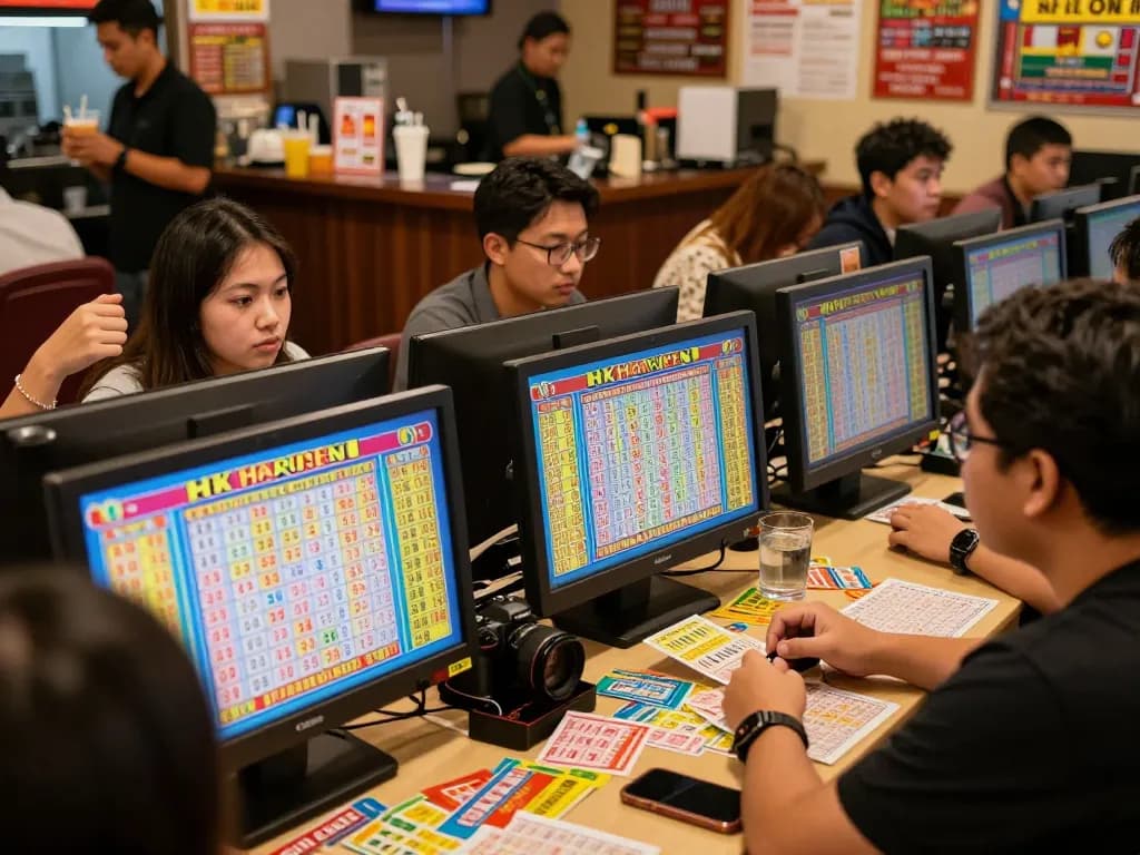 Excited players checking HK Hari Ini results in a lively Togel Hongkong café, enhancing the atmosphere of community and anticipation.