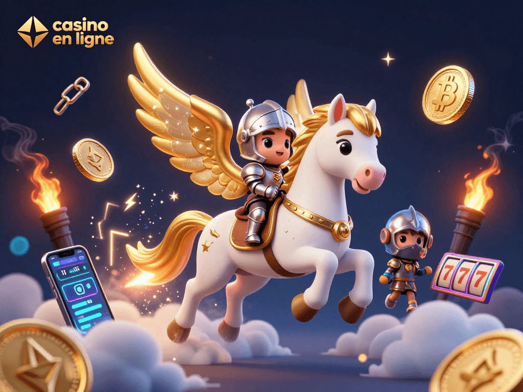 Accédez à l'univers captivant du casino en ligne avec un cheval céleste et des pièces de crypto-monnaie scintillantes.