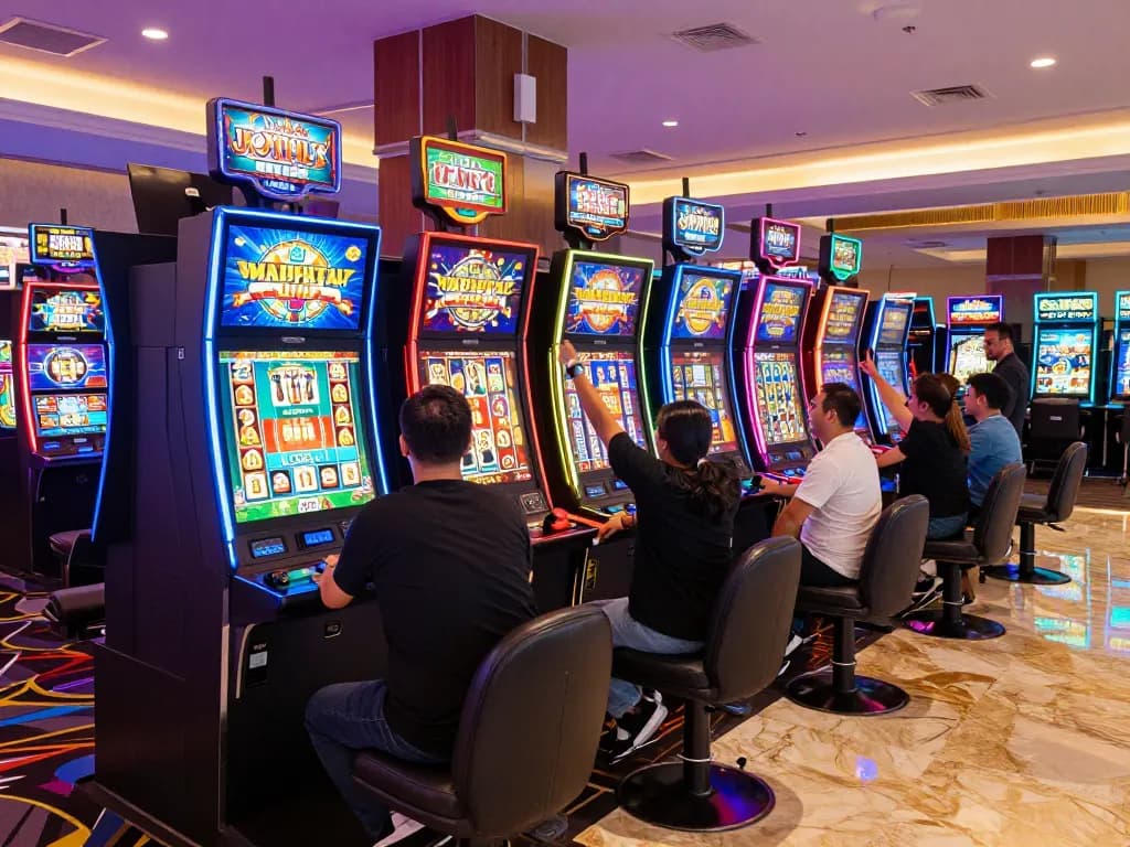 Exciting scene at vt88 casino with players celebrating a slot machine win