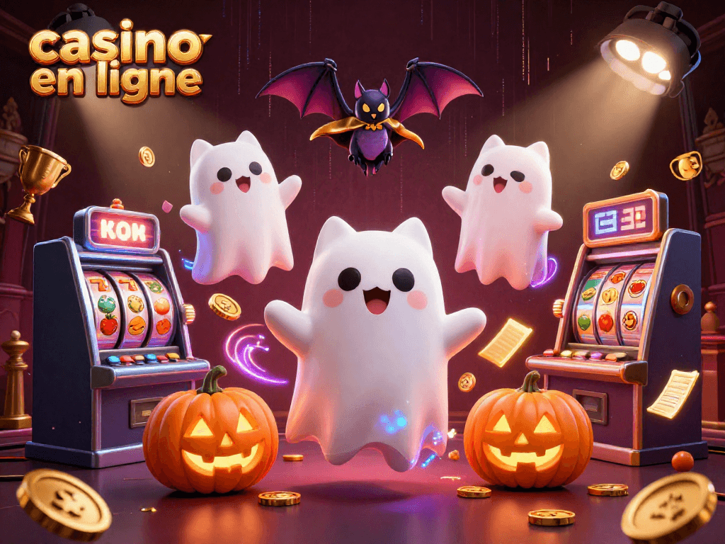 Le casino en ligne offre une expérience immersive avec un chat fantôme et un chauve-souris, illuminés par des lumières néon.