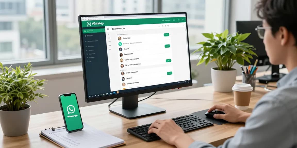 Using WhatsApp網頁版 in a modern workspace with a sleek monitor, notepad, and coffee cup.