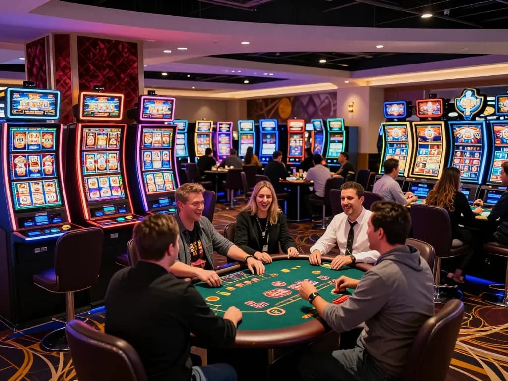 Players celebrating big wins at colorful slot machines with tx88 excitement at the casino.