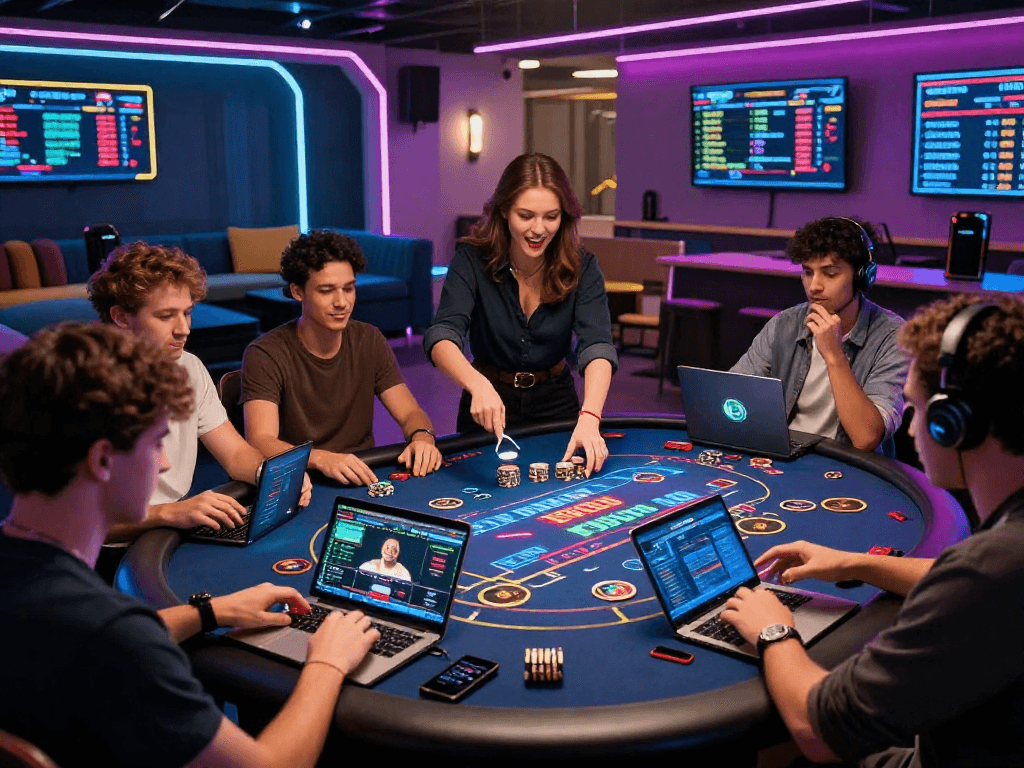 Engaged players at a vibrant crypto casino showcasing live digital gaming, highlighting crypto trends and excitement.