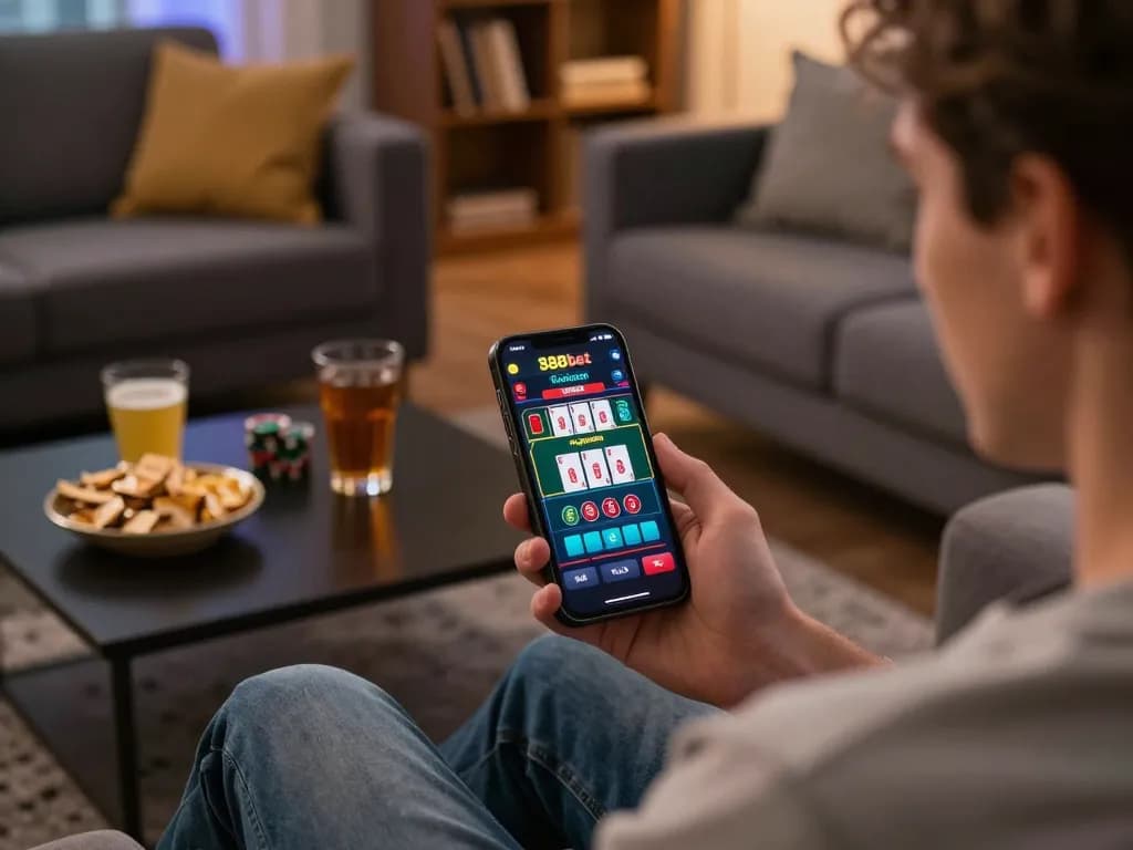 Experience thrilling gameplay at 388bet with a smartphone, showcasing live dealer action.