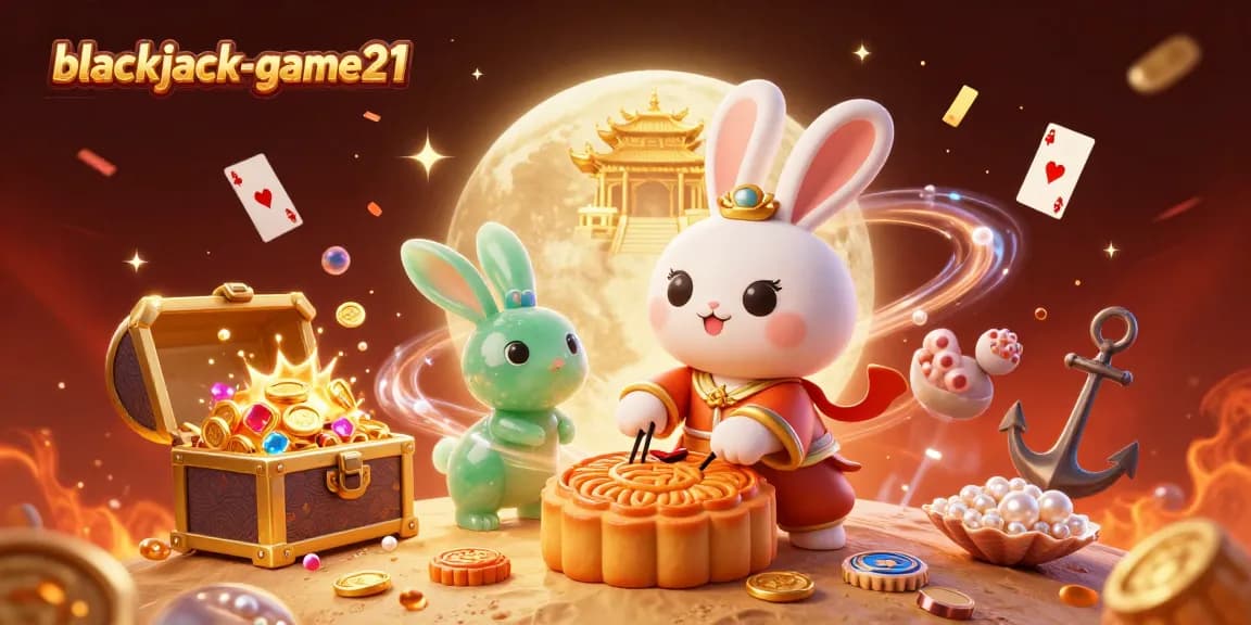 Engage in blackjack-game21 as the moon rabbit pounds mooncakes revealing poker chips amidst dazzling casino elements.