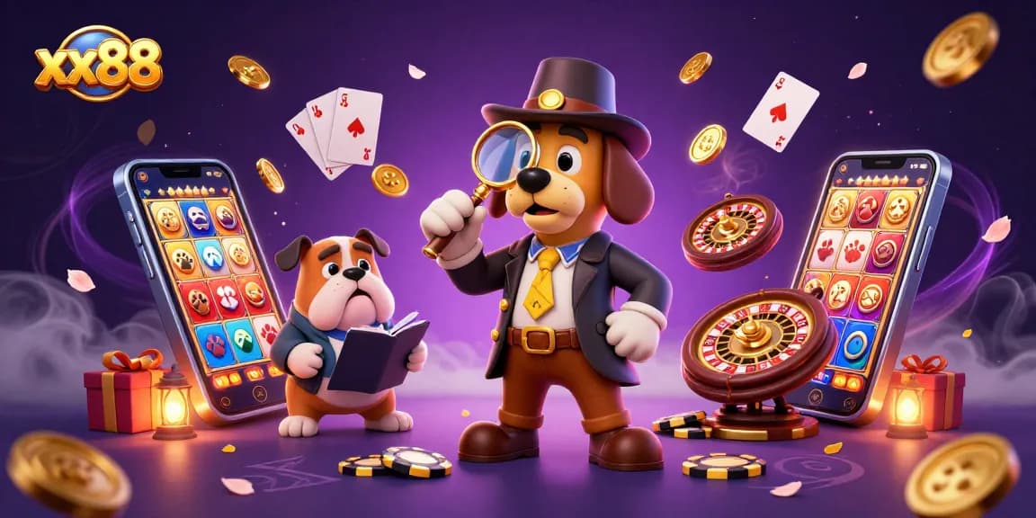 Join the excitement at xx88 with a detective uncovering treasure among vibrant casino elements.