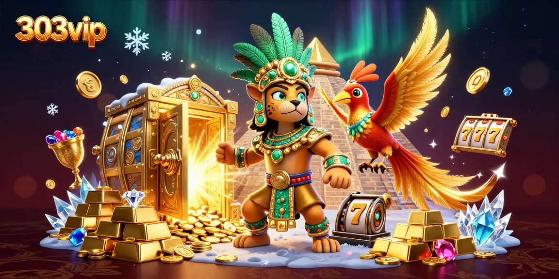 Experience the excitement of 303vip with a vibrant casino scene showcasing treasures and slot reels.