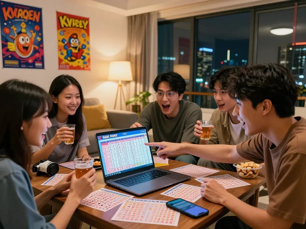 Group of friends excitedly reviewing HK Hari Ini lottery results on a laptop in a cozy living room.