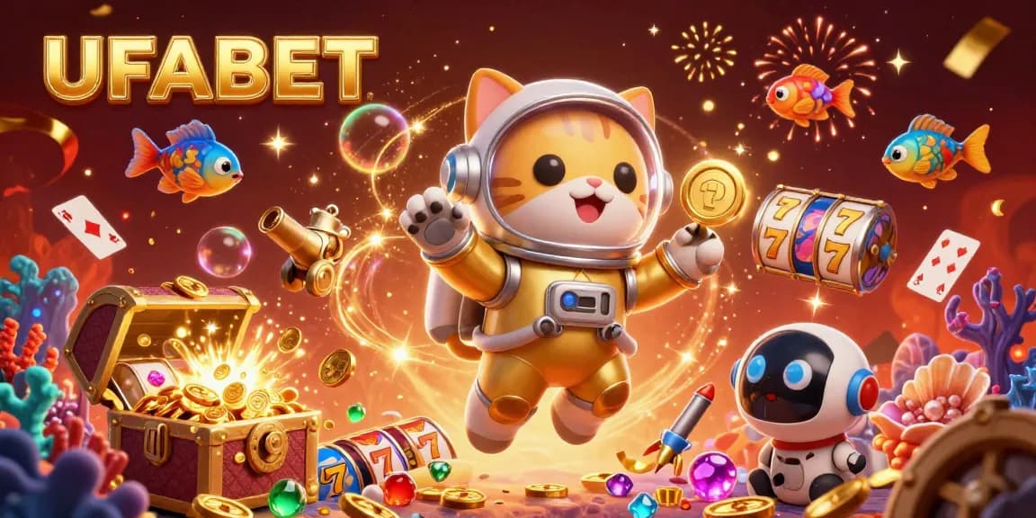 Experience the thrill of UFABET with a 3D cartoon cat astronaut and dynamic casino elements in a vibrant space setting.