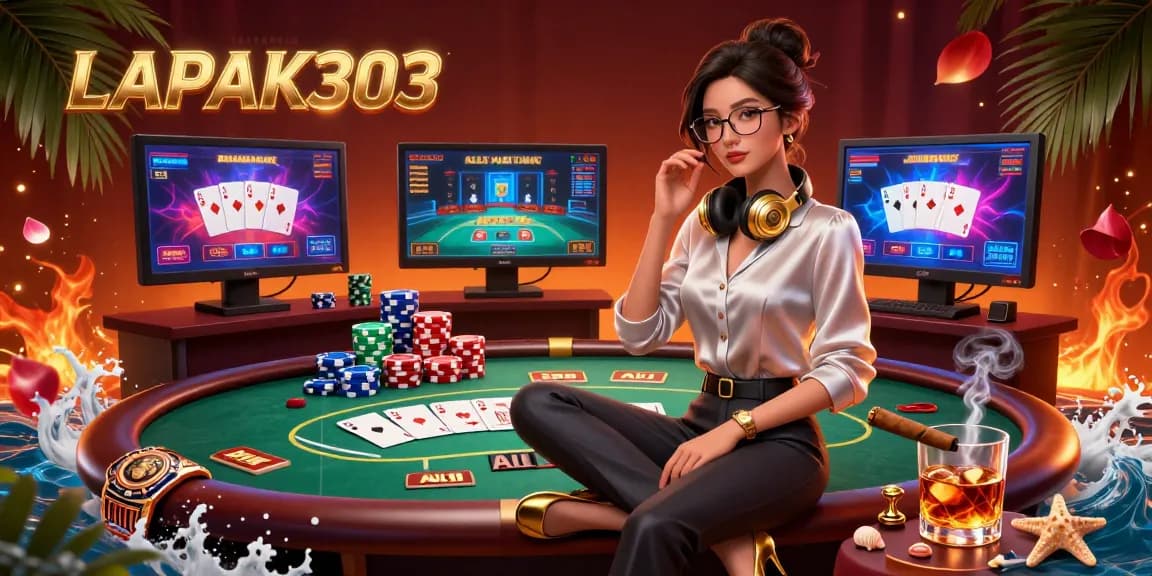 LAPAK303 showcases a professional gamer at a vibrant casino setup with poker elements.
