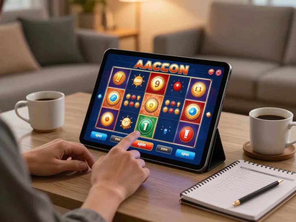 Experience slot gacor gampang menang as a player spins brightly colored reels in a cozy home setting