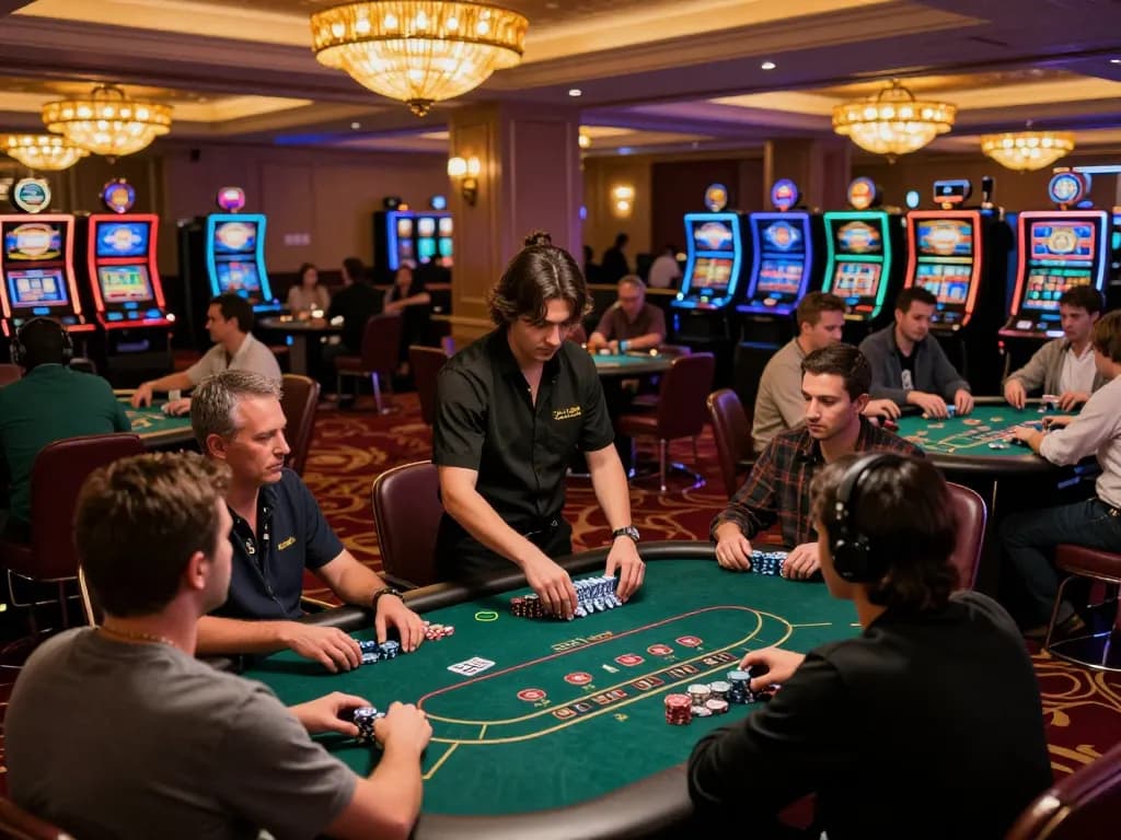 Players strategizing at poker tables in Fabet's lively casino atmosphere, showcasing action and engagement.