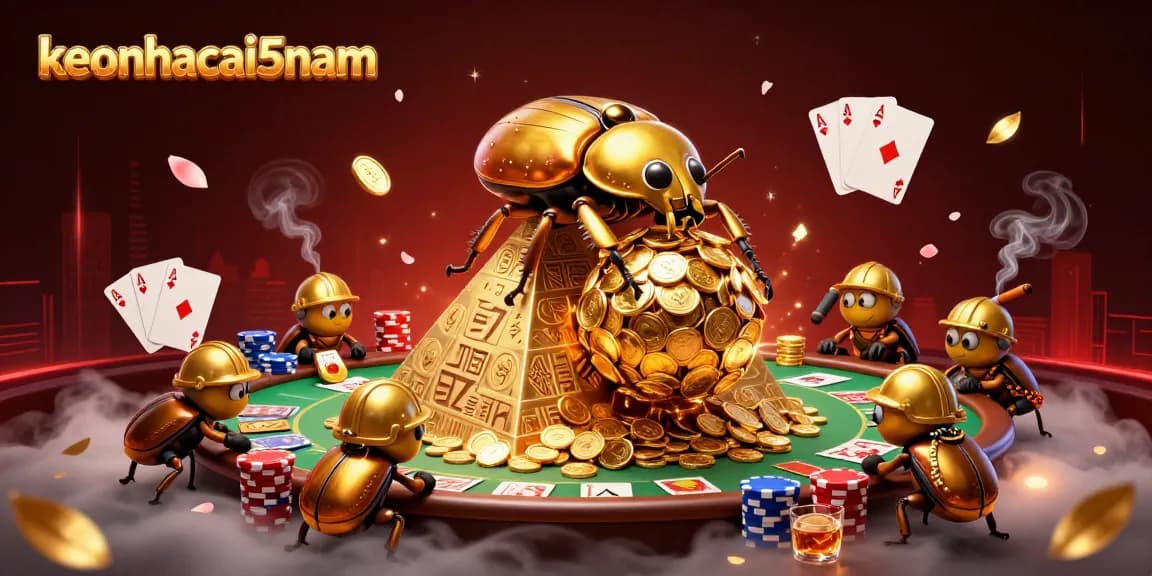 Engage in thrilling gameplay at keonhacai5nam, featuring a golden dung beetle amidst casino elements.