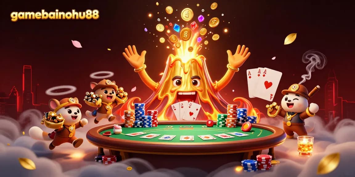 Players enjoy thrilling wins in gamebainohu88, surrounded by vibrant casino elements and treasures.
