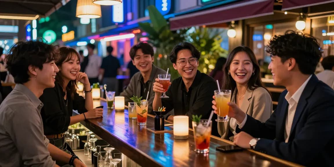 강남의 퀸알바 커뮤니티에서 활기차고 스타일리시한 밤의 분위기를 담은 이미지