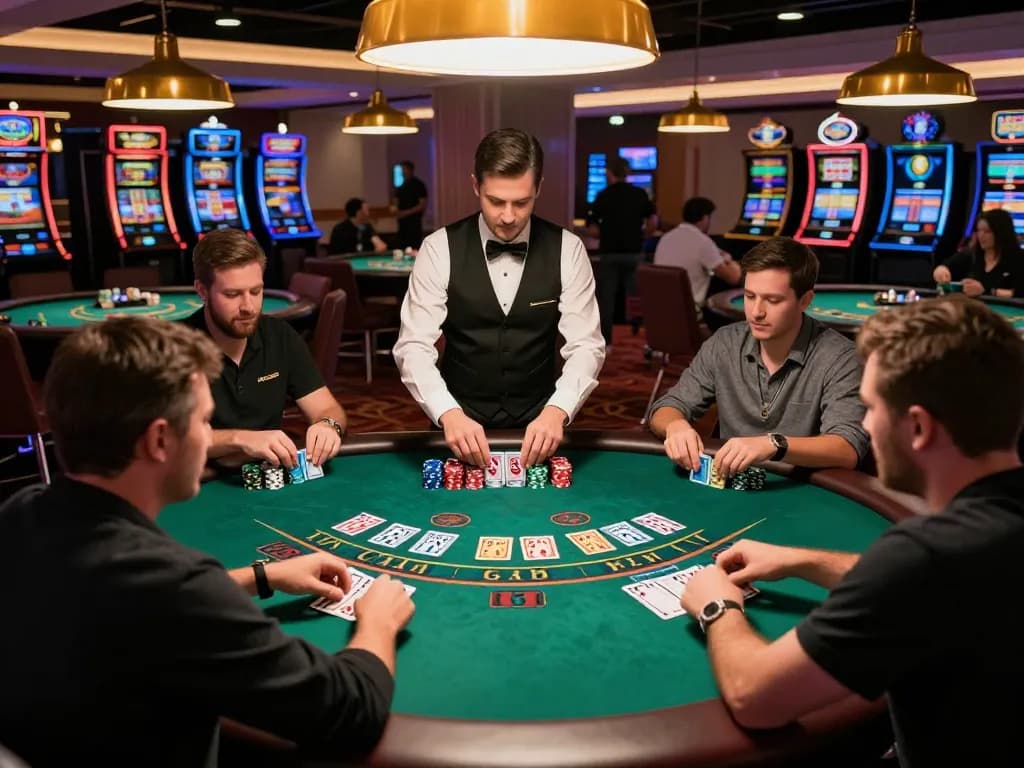 Engaging blackjack game at LC88 with players using app lc88 for strategy and statistics.
