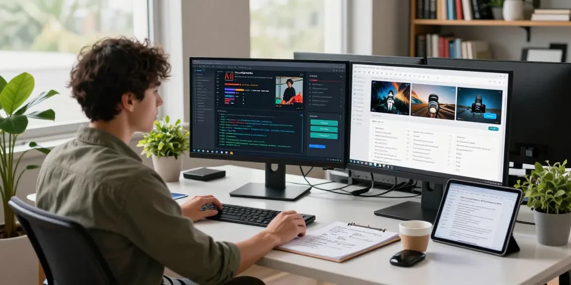 AI image detector user analyzing results on multiple monitors, utilizing a free ai detector tool in a modern office.
