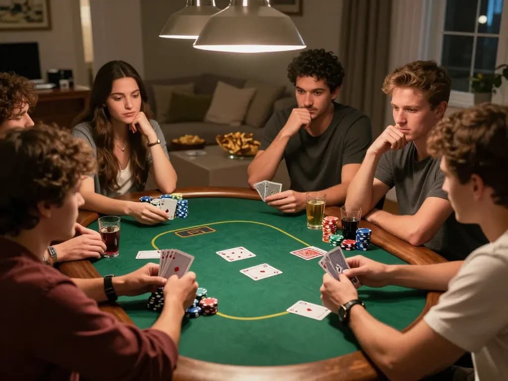 A group of friends playing poker while engaging with the bonds of camaraderie, gaming strategy highlighted by bongdalu's live updates.