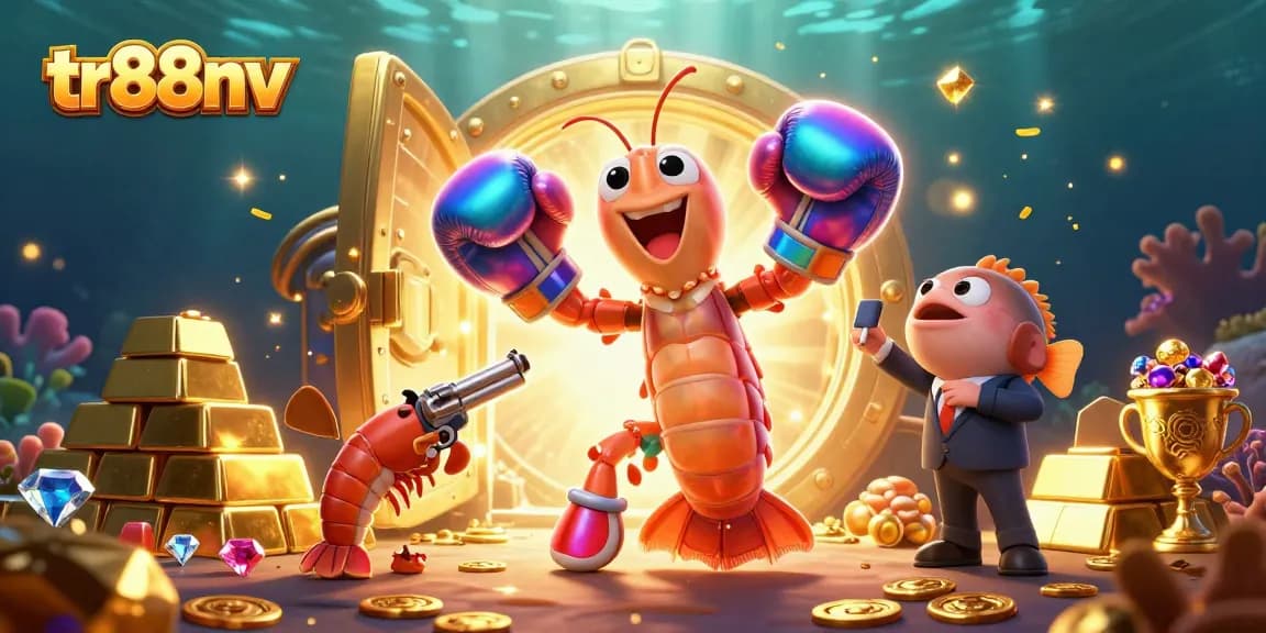tr88nv showcases vibrant 3D casino art with mantis shrimp, treasure vaults, and gems