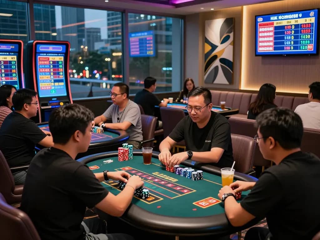Players enjoying Togel games and checking HK Hari Ini results in an urban lounge.
