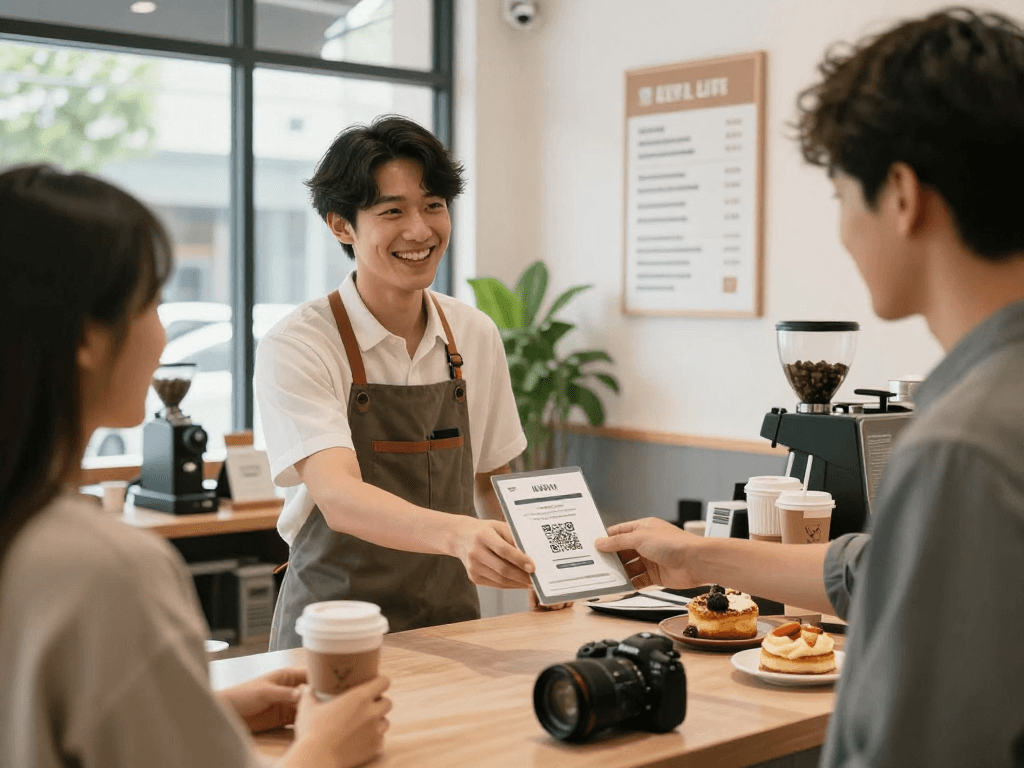 Engaging barista showcasing a loyalty application in a vibrant coffee shop, promoting rewards program.
